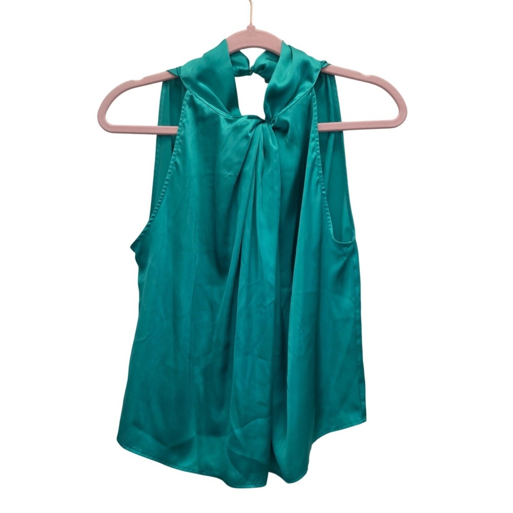 Zara Emerald Teal Satin Sleeveless Blouse Twist Neck Keyhole Top Women's Large